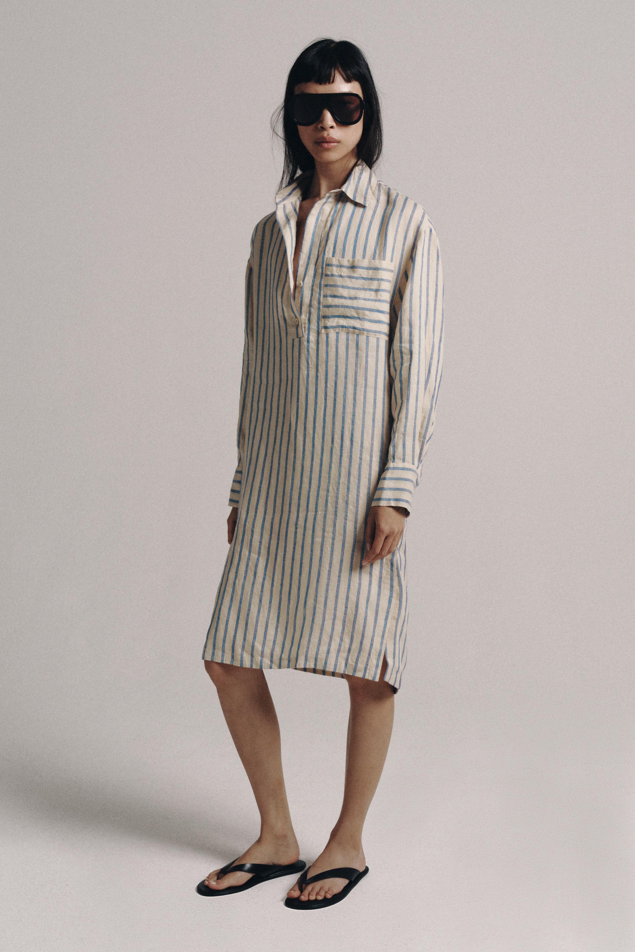 ZW COLLECTION 100% LINEN STRIPED SHIRT DRESS